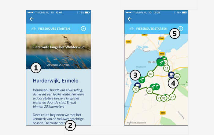 De fietsroute in de Fietsnetwerk App